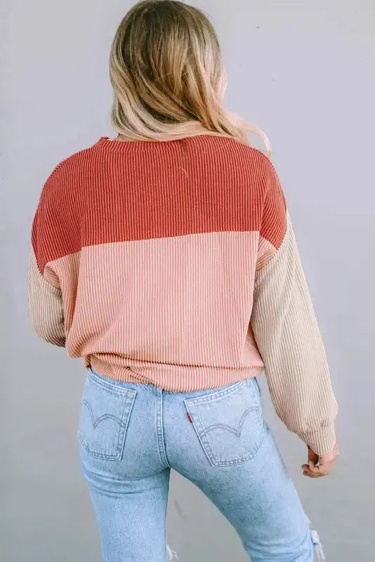 Color Block Long Sleeve Ribbed Loose Top - Fashionfitz
