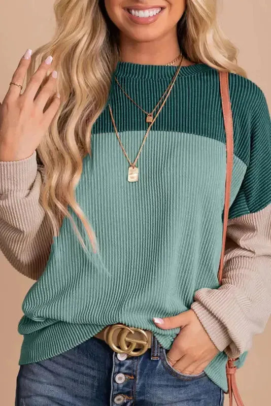 Color Block Long Sleeve Ribbed Loose Top - Fashionfitz