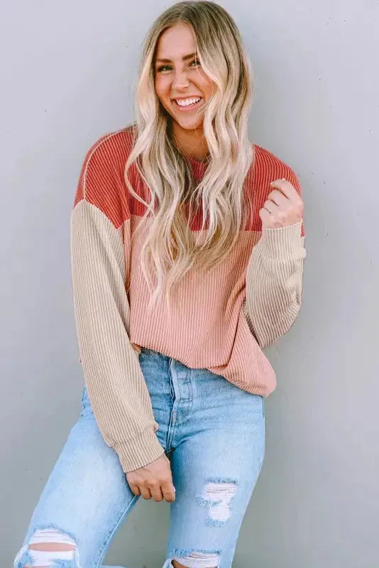 Color Block Long Sleeve Ribbed Loose Top - Fashionfitz