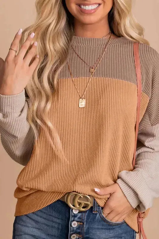 Color Block Long Sleeve Ribbed Loose Top - Fashionfitz