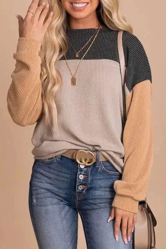 Colour block long sleeve ribbed loose top front view — Fashionfitz UK