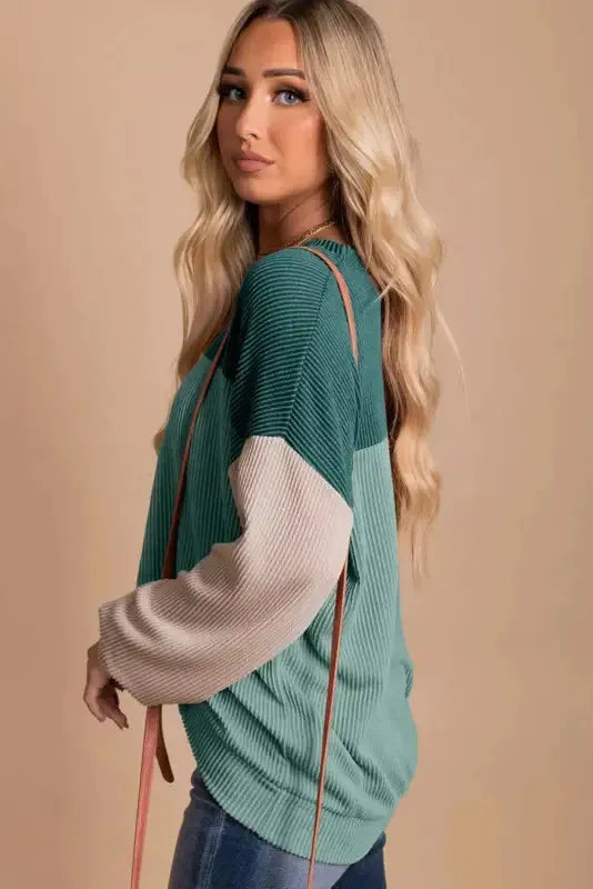 Color Block Long Sleeve Ribbed Loose Top - Fashionfitz