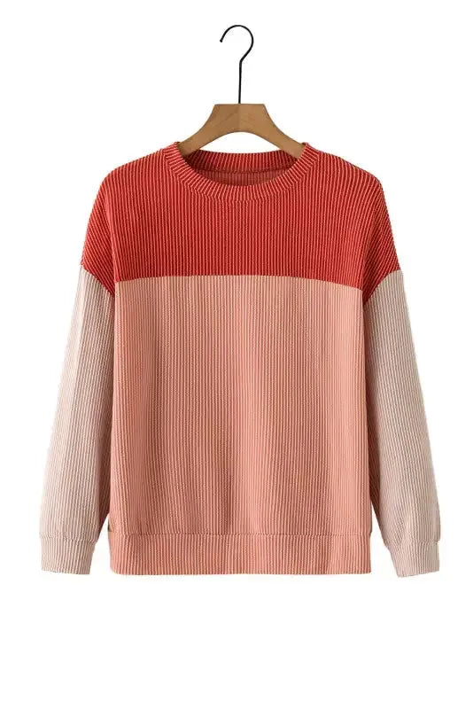 Color Block Long Sleeve Ribbed Loose Top - Fashionfitz