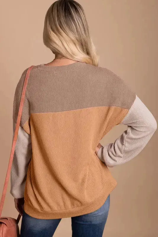 Color Block Long Sleeve Ribbed Loose Top - Fashionfitz