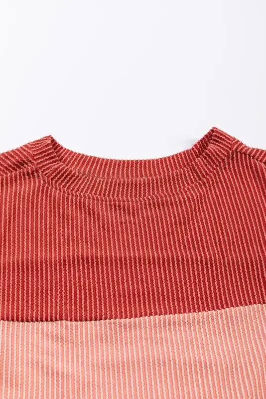 Color Block Long Sleeve Ribbed Loose Top - Fashionfitz