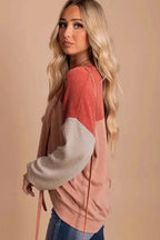 Color Block Long Sleeve Ribbed Loose Top - Fashionfitz