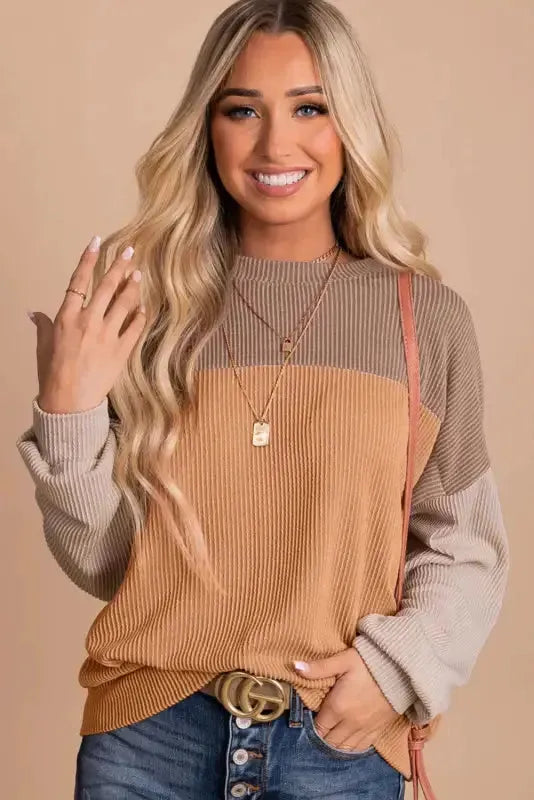 Color Block Long Sleeve Ribbed Loose Top - Fashionfitz