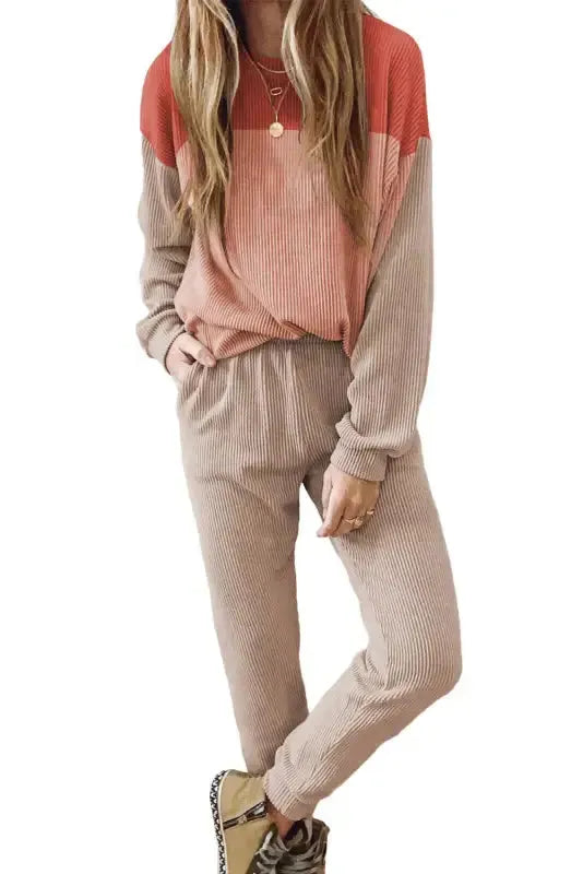 Color Block Long Sleeve Ribbed Loose Top - Fashionfitz
