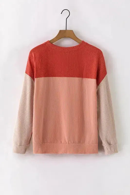 Color Block Long Sleeve Ribbed Loose Top - Fashionfitz