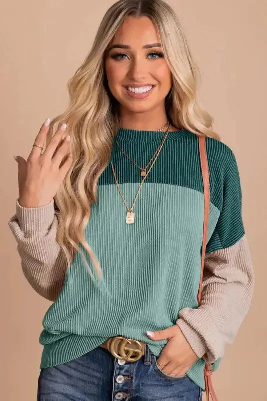 Color Block Long Sleeve Ribbed Loose Top - Fashionfitz