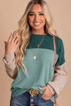 Color Block Long Sleeve Ribbed Loose Top - Fashionfitz