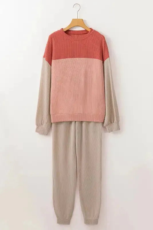 Color Block Long Sleeve Ribbed Loose Top - Fashionfitz
