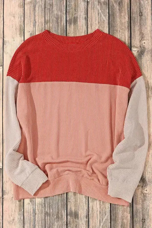 Color Block Long Sleeve Ribbed Loose Top - Fashionfitz