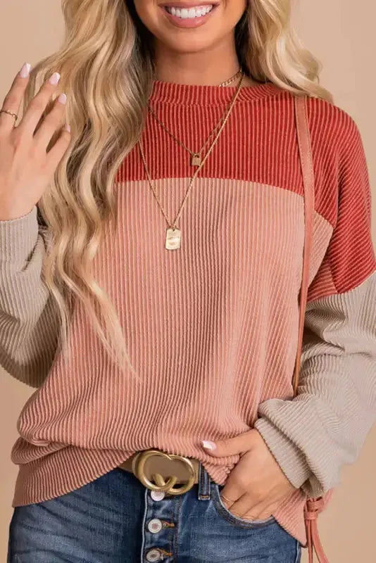 Color Block Long Sleeve Ribbed Loose Top - Fashionfitz