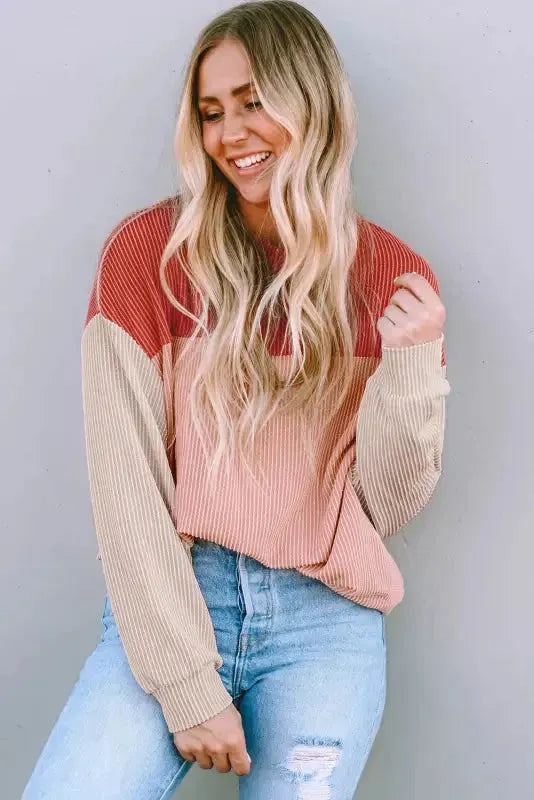Color Block Long Sleeve Ribbed Loose Top - Fashionfitz