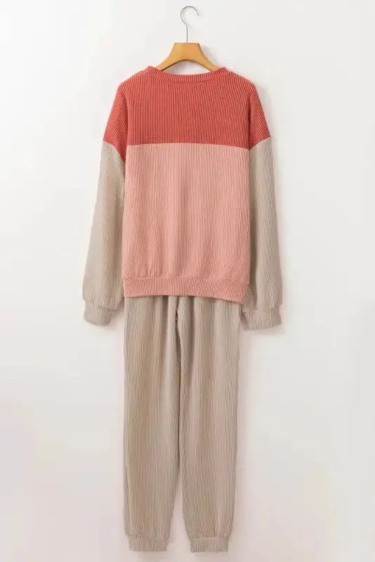 Color Block Long Sleeve Ribbed Loose Top - Fashionfitz