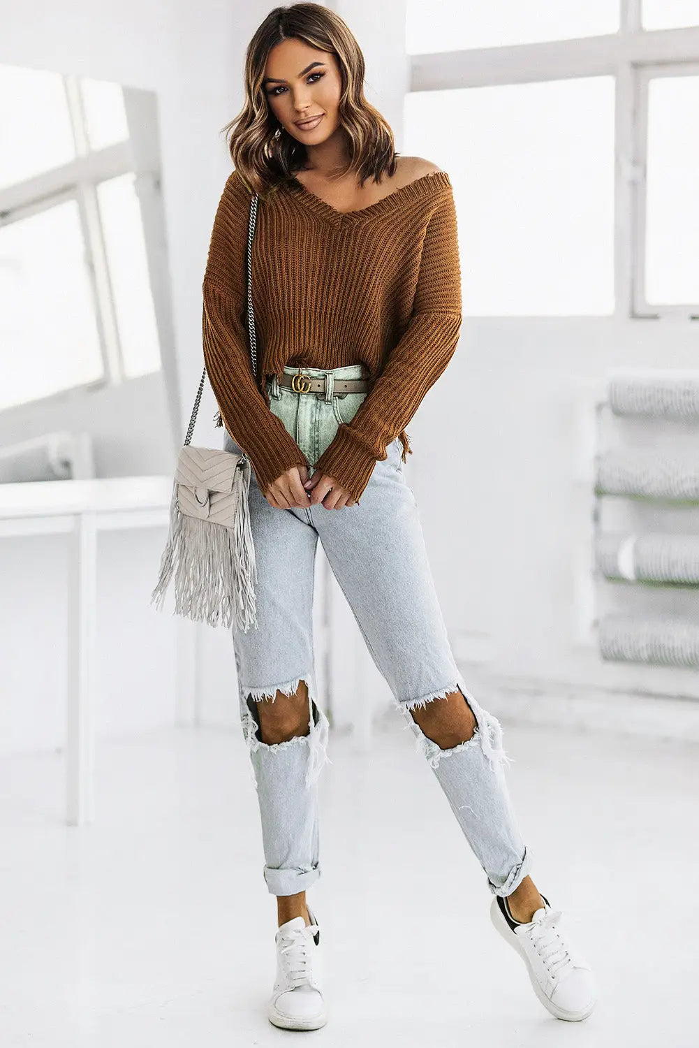 Color block love distressed sweater - sweaters & cardigans