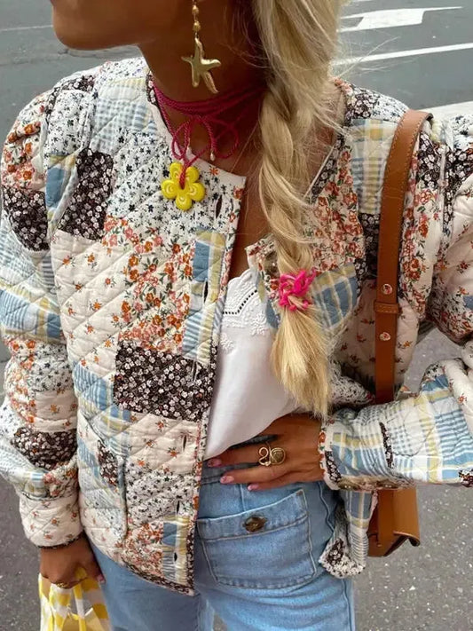 Color Block Print Loose Thin Cotton Jacket - Fashionfitz