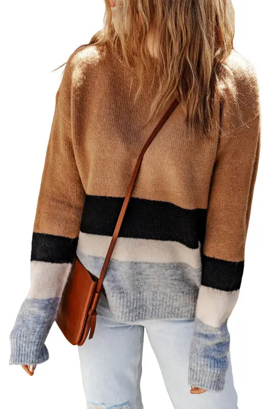 Brown color block striped ribbed knit sweater - sweaters & cardigans