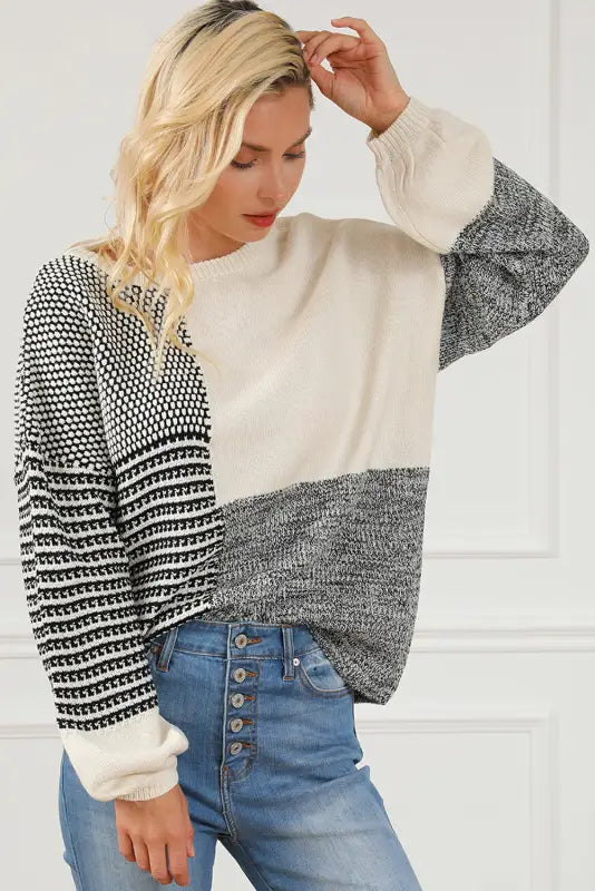 Black neutral colorblock tie back sweater - sweaters & cardigans