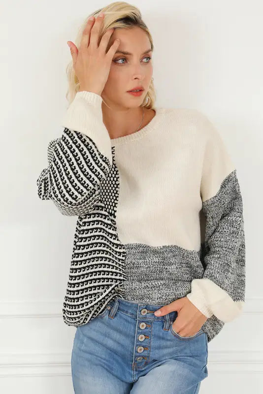 Black neutral colorblock tie back sweater - sweaters & cardigans