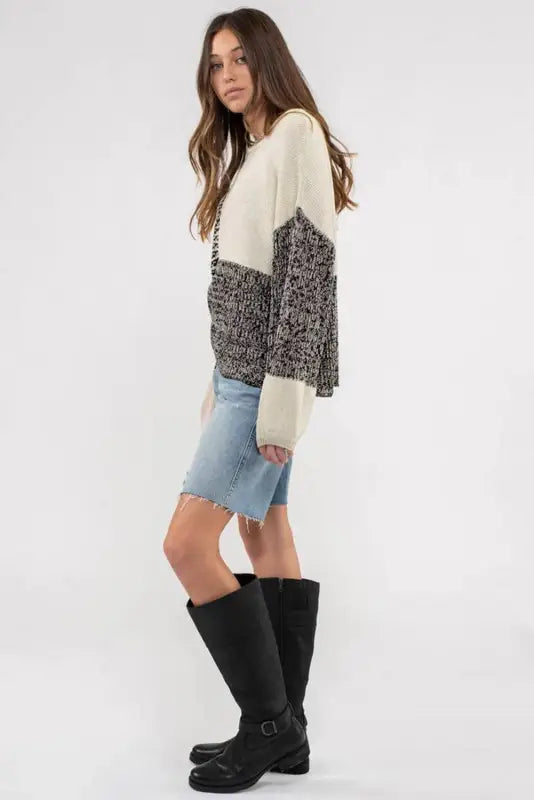 Black neutral colorblock tie back sweater - sweaters & cardigans