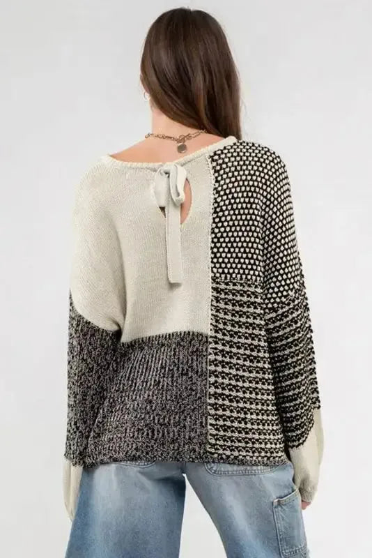 Color-Block Tie-Back Sweater - Black - Fashionfitz