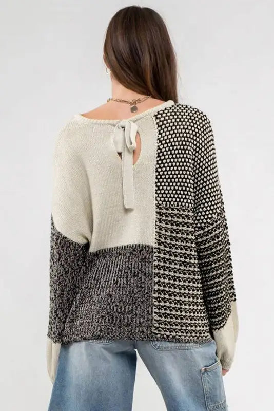 Black neutral colorblock tie back sweater - sweaters & cardigans