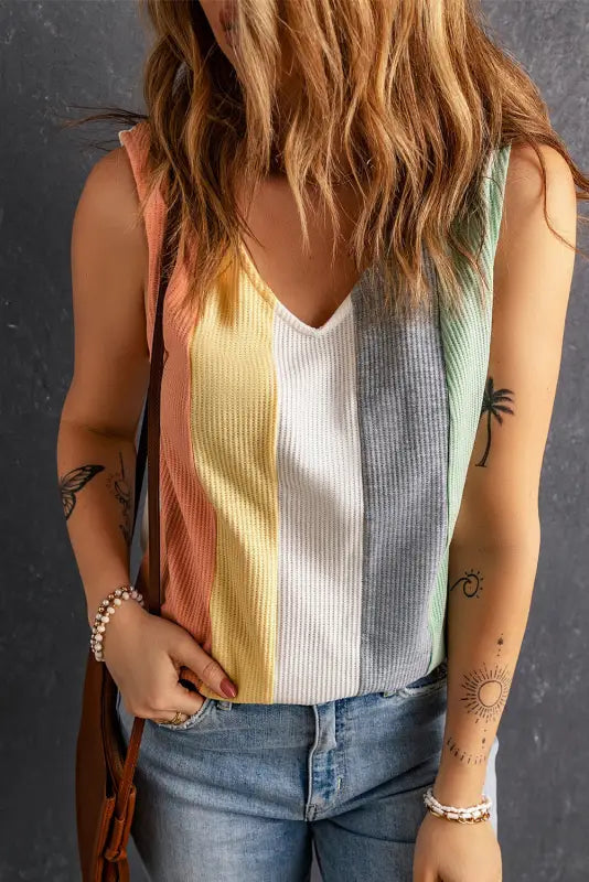 Color block waffle knit tank top - multicolor / s / 95% polyester + 5% elastane - tops