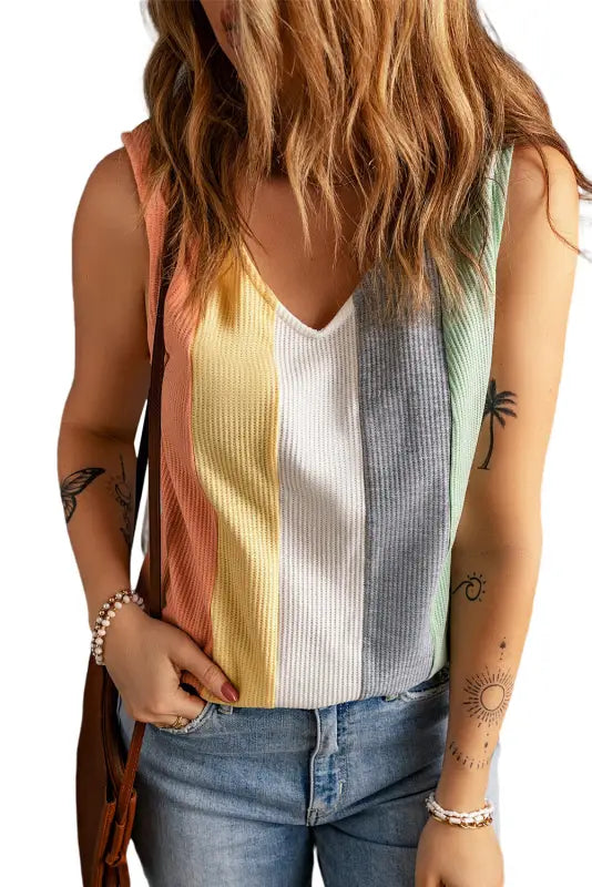 Color block waffle knit tank top - tops