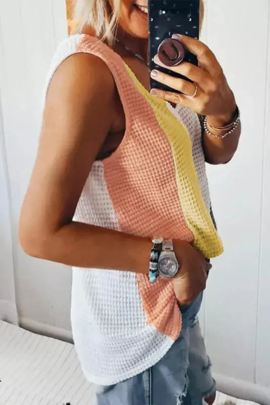 Color block waffle knit tank top - tops