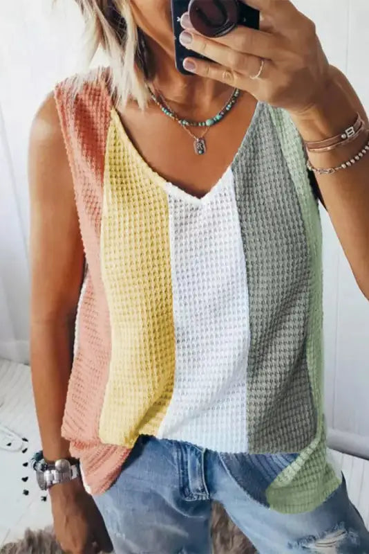 Color block waffle knit tank top - tops