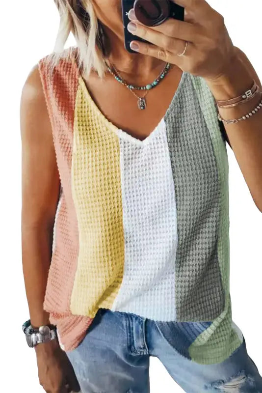 Color block waffle knit tank top - tops