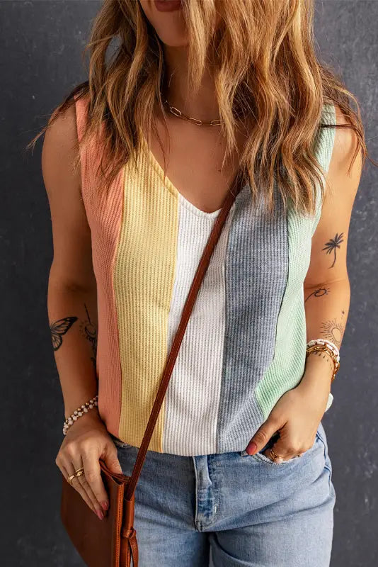 Color block waffle knit tank top - tops