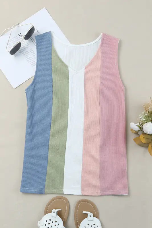 Color block waffle knit tank top - tops