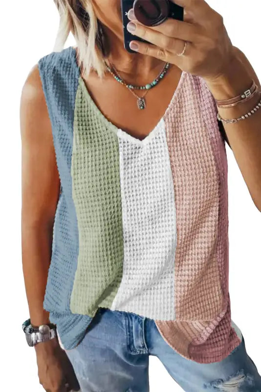 Color block waffle knit tank top - tops