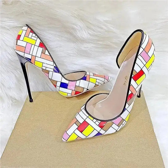 FashionFitz Prism Clash Court Heels with multicolour chequered design and elegant pointed toe, styled on a neutral background.