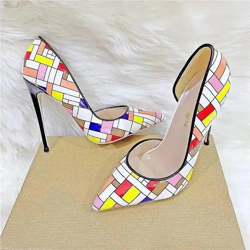 FashionFitz Prism Clash Court Heels with multicolour chequered design and elegant pointed toe, styled on a neutral background.