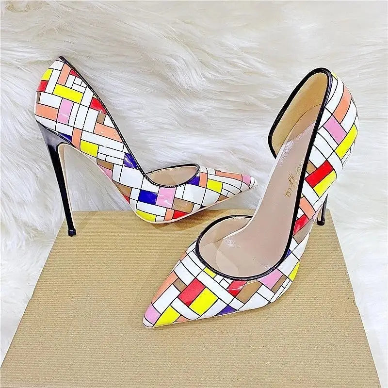 Color checkered high heels stiletto shoes - pumps