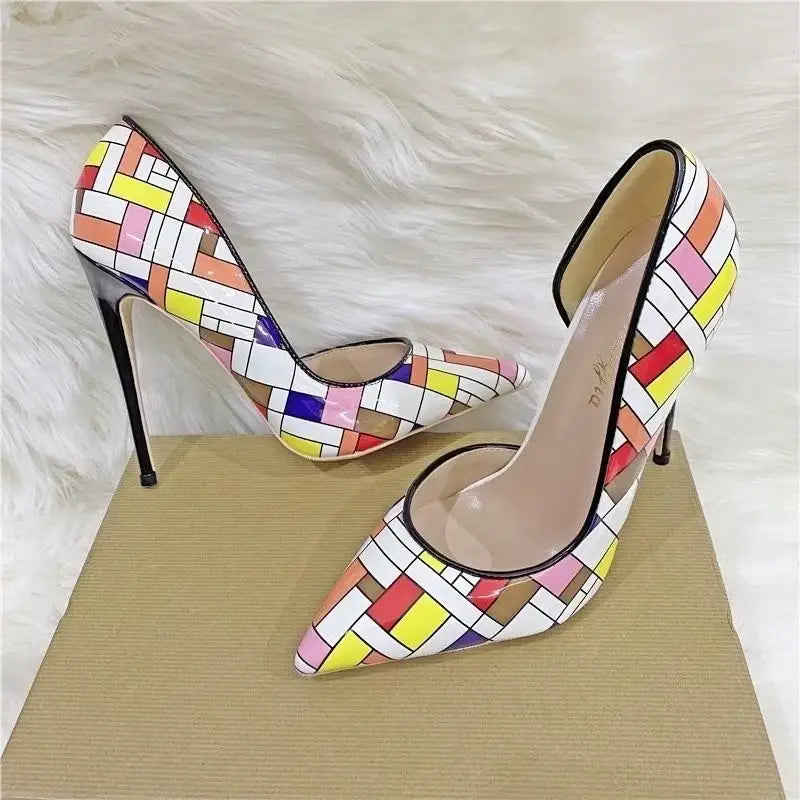 Color checkered high heels stiletto shoes - pumps