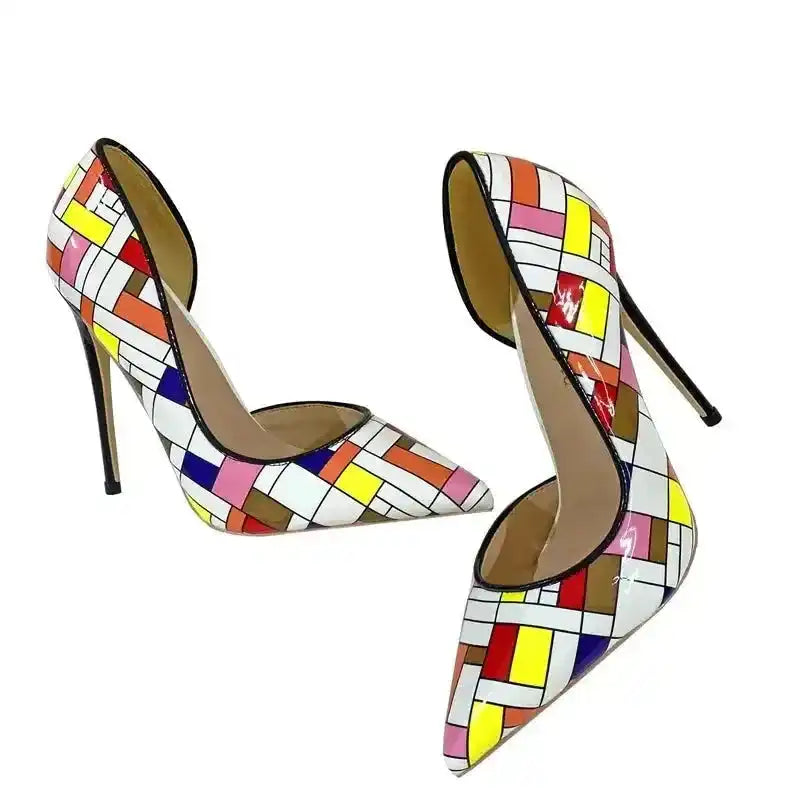 Multicolour Prism Clash Chequered Court Heels featuring vibrant geometric pattern and sleek stiletto silhouette for standout style.