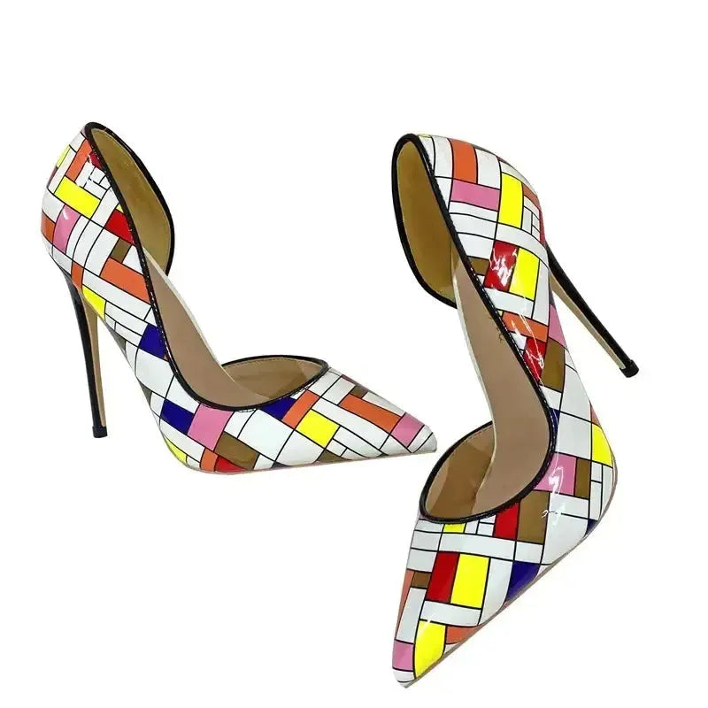 Color Checkered High Heels Stiletto Shoes - Fashionfitz
