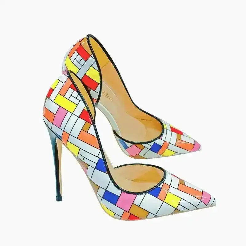 Colorful Prism Clash Court Heels with chequered pattern and pointed toe, crafted in PU leather for a bold fashion-forward look.