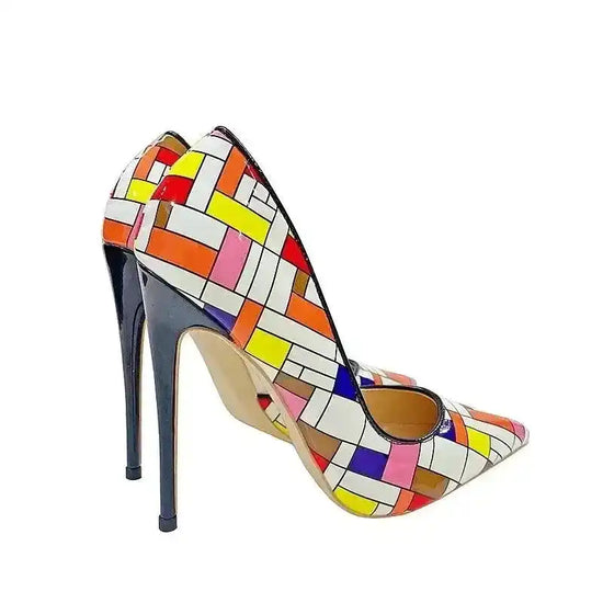 Rear view of Prism Clash Court Heels showing high stiletto heel and colorful chequered PU leather design for a modern fashion edge.