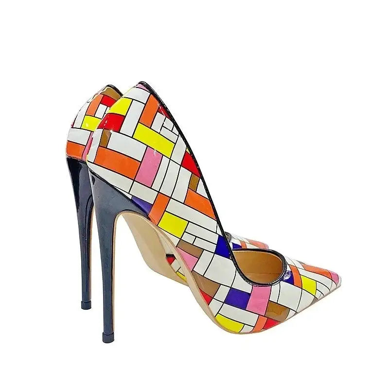 Color checkered high heels stiletto shoes - pumps