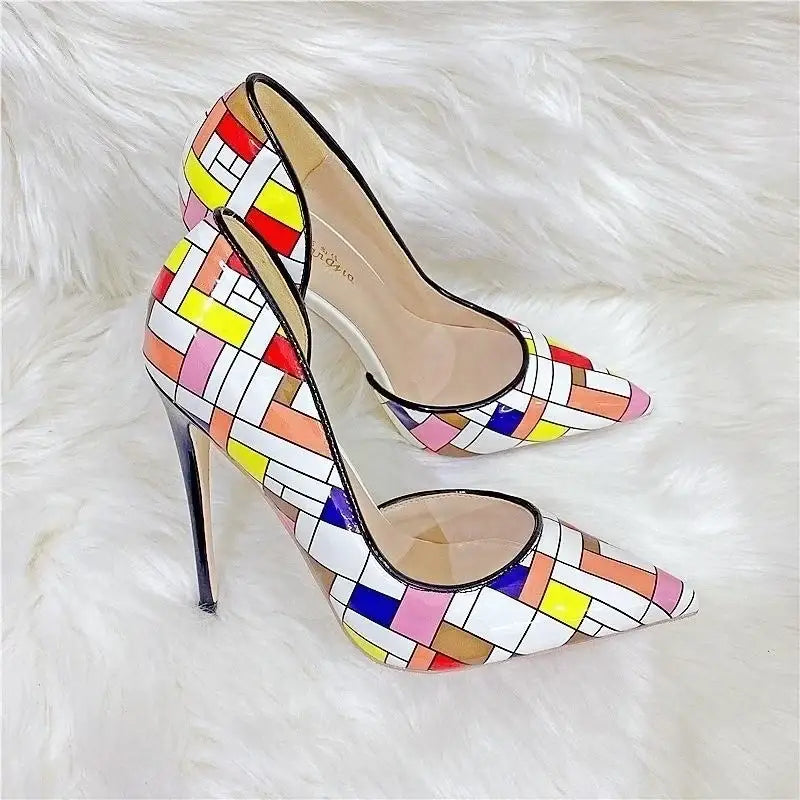 Color checkered high heels stiletto shoes - pumps