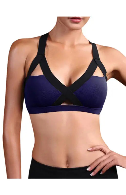 Color contrast sexy cross elastic sports bra