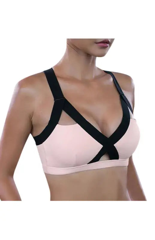 Color contrast sexy cross elastic sports bra