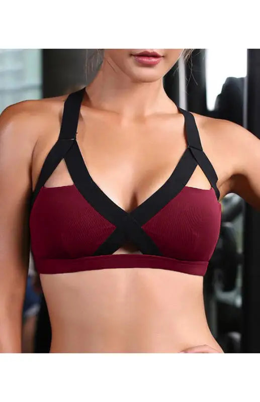 Color contrast sexy cross elastic sports bra