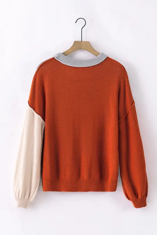 Colorblock bishop sleeve ribbed trim sweater - sweaters